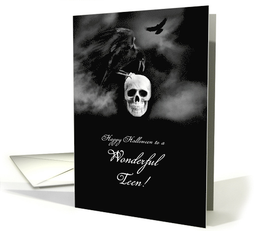 Teen or Tween Happy Halloween with Skull and Raven Kind... (1744576)