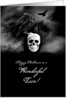 Teen or Tween Happy Halloween with Skull and Raven Kind of Goth Custom card