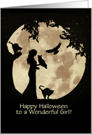 Kids Happy Halloween With Girl Owl and Cat Full Moon card