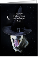 Kids Halloween with A Fun Smiling Husky Witch and Moon Customizable card
