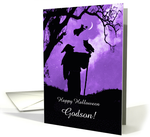 Godson Happy Halloween with Wizard and Owl Witch and Cat Custom card