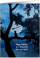 Aunt and Uncle Happy Holidays Darling Cat and Santa Moonlight Custom card