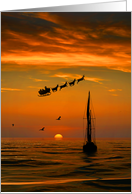 Christmas Holiday Sea Ocean Sailboat and Santa in Beautiful Sunset card