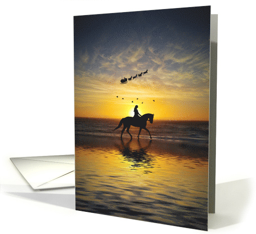 Beach Christmas Holiday Horseback Riding with Santa and Sleigh card