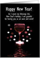 Aunt and Uncle Funny New Year Custom with Wine Blessings and Grateful card