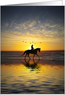Birthday Horse and Rider on the Beach with Sunset and Birds card