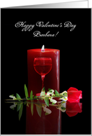 Valentines Day Card with Red Rose Candle and Wine Custom Name card