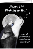 19th Birthday Cute Husky Happy Birthday with Full Moon card