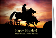 Cowboy Western Happy Birthday with Horse and Steer in Southwestern Sun card