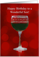 Son Birthday with Glass of Wine and Wine Bottle Humor card