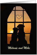 Anniversary Wedding Customize Names Cute Dogs in Love In Window card