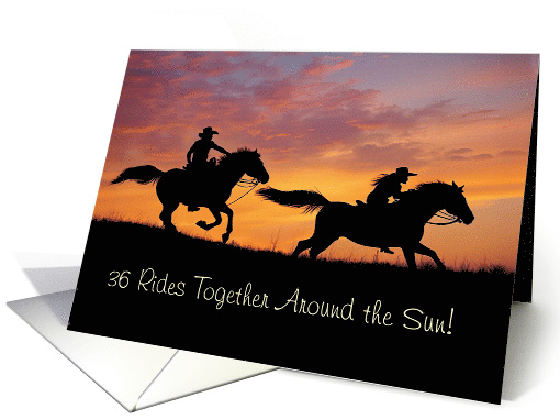 36th Anniversary with Fun Couple Riding Horses in a Sunset Custom card