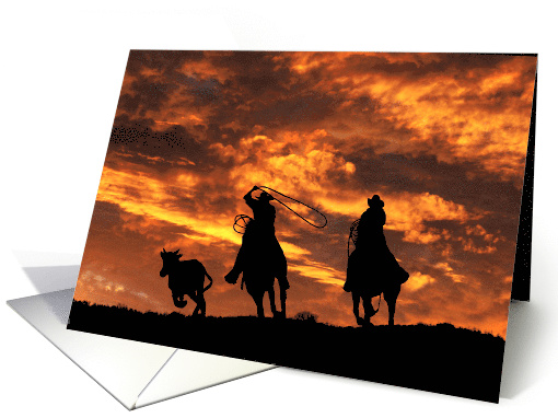 Cowboys and Red Sunset Steer Roping Birthday card (528027)