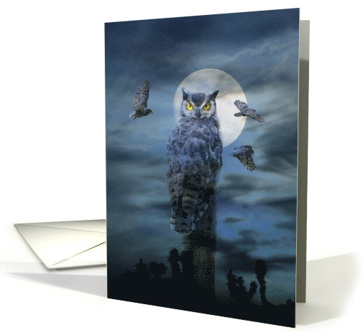 Funny Happy Halloween Scary Owl and Full Moon card (940359)