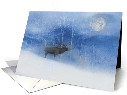 Elk in Snow and Birch Trees on a Full Moon Season's Greetings card