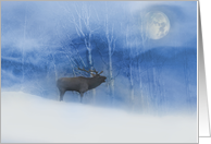 Elk in Snow and Birch Trees on a Full Moon Season’s Greetings card