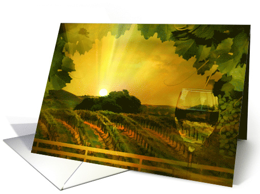 Wine Thank You, Sunset Wine Country with Vineyard and WIne Glass card