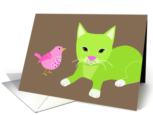 Green Kitten & Pink Bird card (569105)