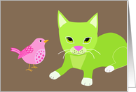 Green Kitten & Pink Bird card