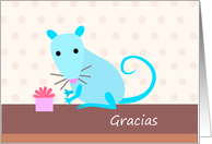 Blue Rat with Gift - Gracias card
