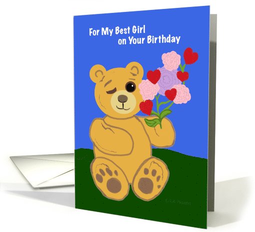 Teddy Bear with Flowers for Birthday Girl card (1048663)