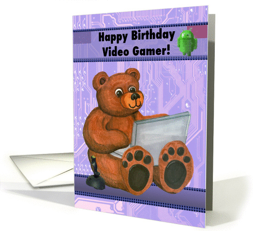 Teddy Bear with Laptop Happy Birthday Video Gamer card (1125288)