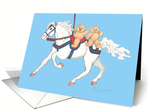 Twin teddy bears on carousel horse Birthday card (509178)