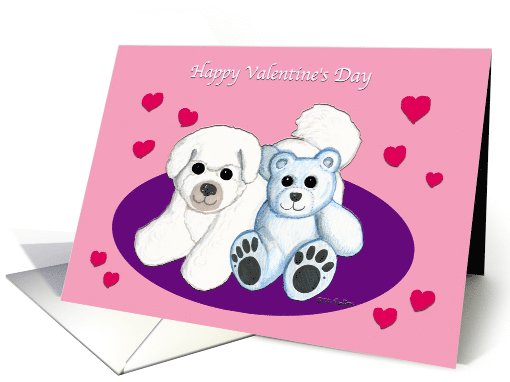 Bichon Frise Dog & Teddy Bear Valentine card (534463)