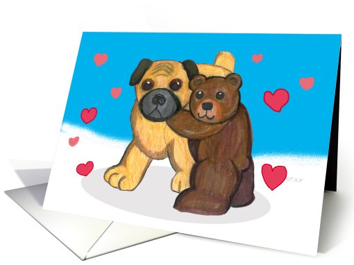 Pug Dog and Teddy Bear Valentine card (537835)