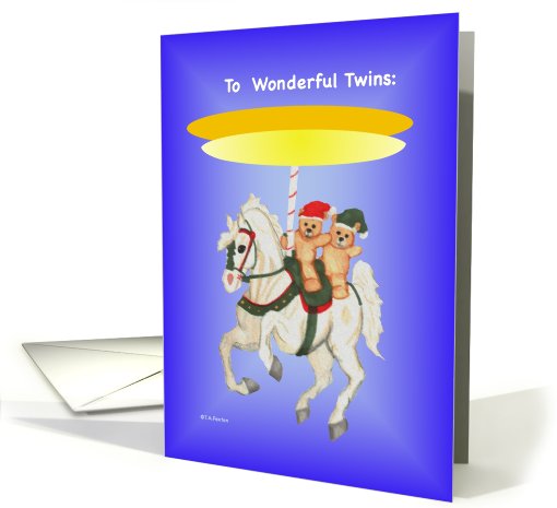 Happy Christmas To Wonderful Twins Carousel and Teddy Bears card