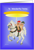 Happy Christmas To Wonderful Twins Carousel and Teddy Bears card