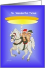 Happy Christmas To Wonderful Twins Carousel and Teddy Bears card