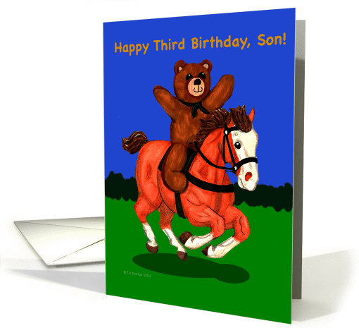 Teddy Bear on Horse Happy Third Birthday Son card (978371)