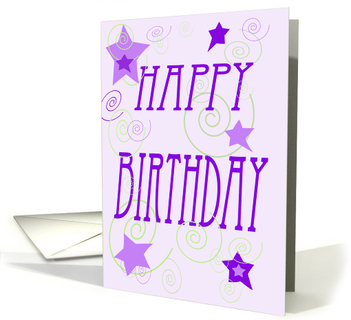 Purple, green, stars, spirals, happy birthday card (611290)