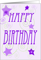 Purple, green, stars, spirals, happy birthday card