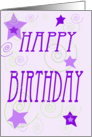 Purple, green, stars, spirals, happy birthday card