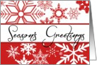 Season’s greetings red and white snowflakes card