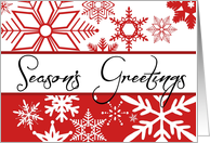 Season’s greetings red and white snowflakes card