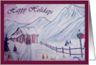 Happy Holidays Little House in Mountains Watercolor Painting card