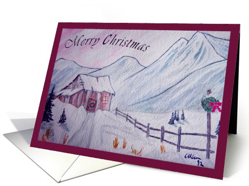 Merry Christmas Little House in Mountains Watercolor Painting card