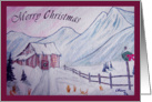Merry Christmas Little House in Mountains Watercolor Painting card
