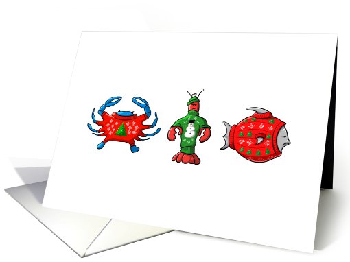 Happy Holidays Cape Cod Tacky Sweater Lobster Fish Crab christmas card