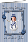 Merry Christmas blue ornament snowman photo card