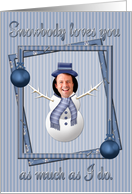 Merry Christmas blue ornament snowman photo card