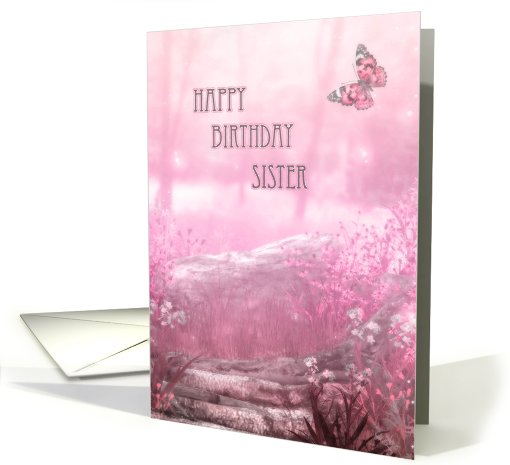 Happy Birthday Sister pink butterfly garden card (631258)