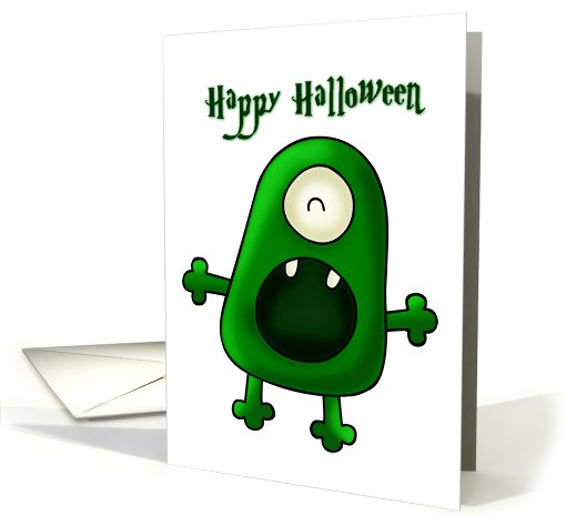 little green one eyed monster happy halloween card (684206)