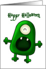 little green one eyed monster happy halloween card