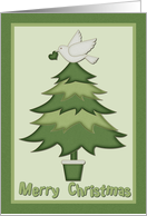 Merry christmas green tree with dove of peace card