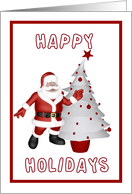 Happy holidays red and white frame santa and christmas tree card