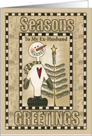 Seasons Greetings Ex-Husband checkered frame with grinning snowman and tree card